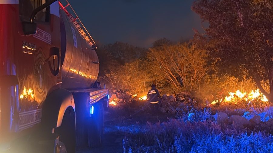 Controlan incendio de maleza en encierro de tractocamiones en el Periférico de Mérida